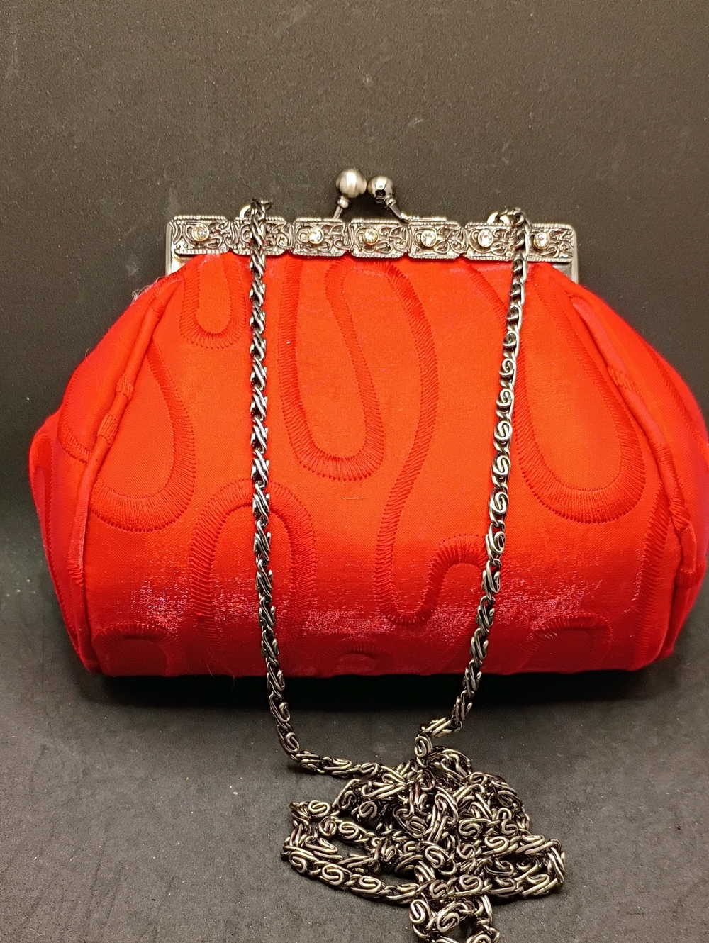 Red Satin Evening Clutch with Silver Chain